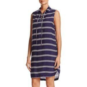 BeachLunchLounge Blue White Stripe Lace Up Neck Collared Mini Dress P6801